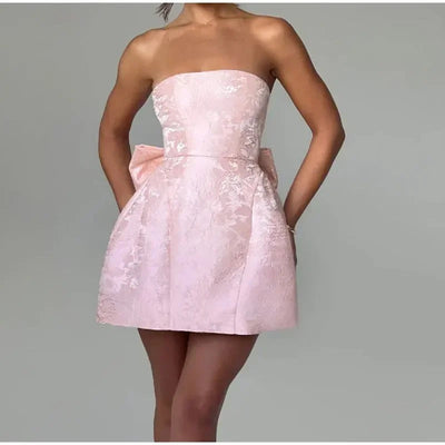 Women’s Mini Dress – Jacquard Fabric – Strapless Sweetheart Neck – Back Bow Detail