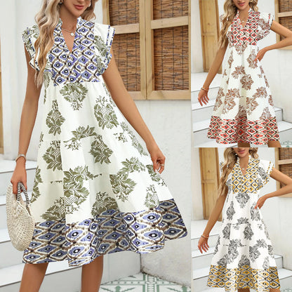 Women’s Midi Dress – V-Neck – Relaxed Fit – Short Sleeve – Printed