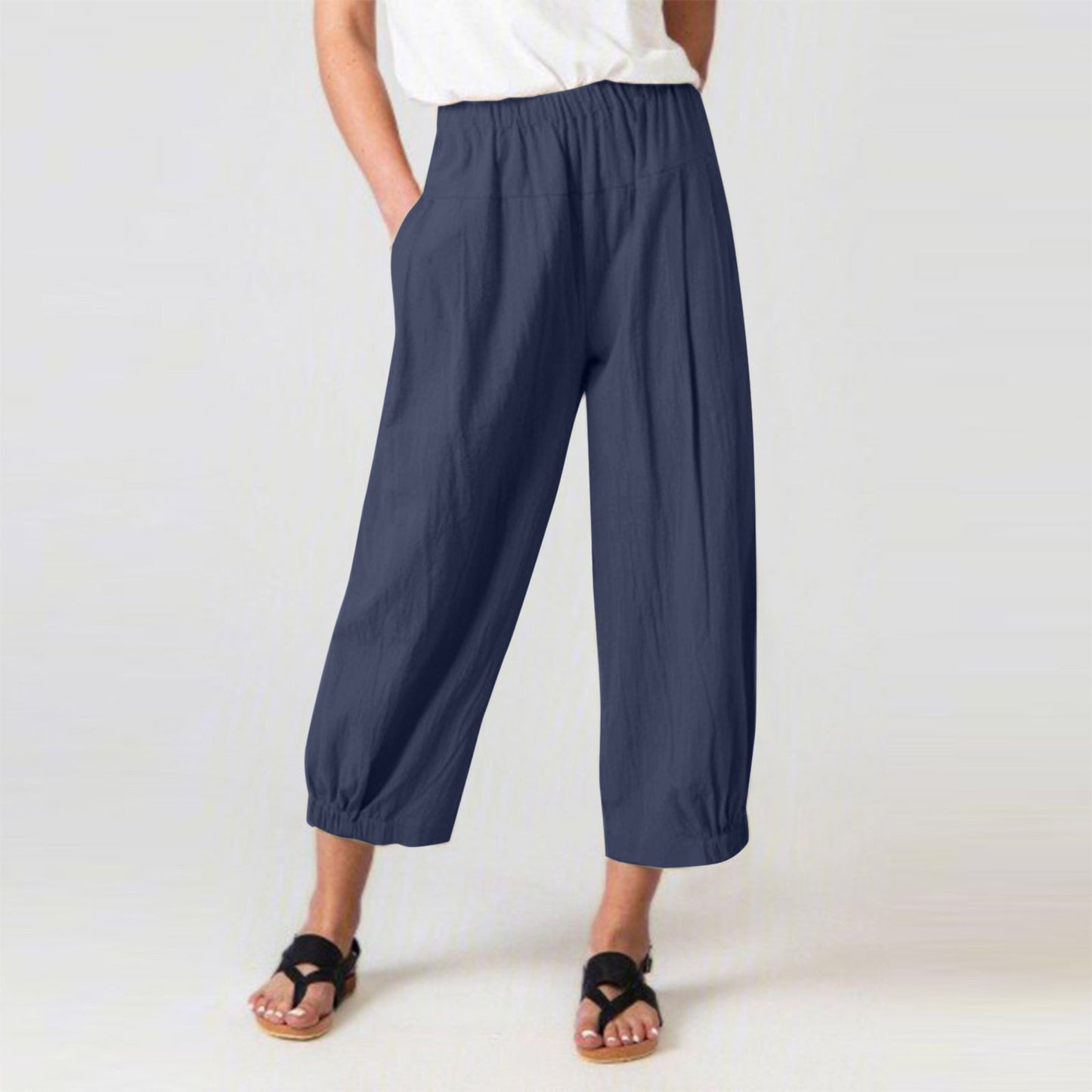 Women’s Harem Pants – Cotton Linen Blend – High Waist – Cropped Relaxed Fit – Side Pockets