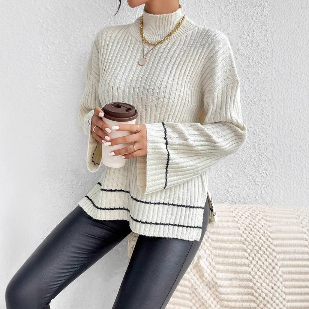 Women’s Knitted Sweater – Oversized Fit – Ribbed Mock Neck – Flared Long Sleeves