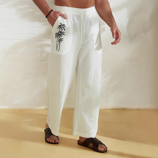 Men’s Wide-Leg Trousers – Relaxed Fit – Lightweight Crinkle Fabric – Drawstring Waist – Palm Tree Print