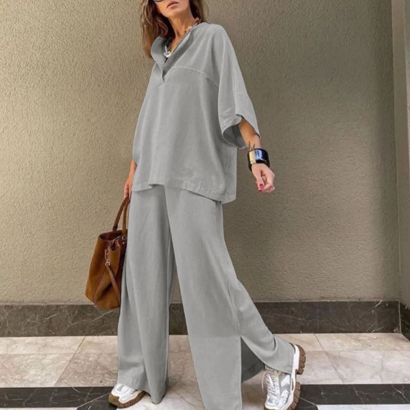 Women's Relaxed Fit Oversized Tunic and Wide-Leg Trousers Set