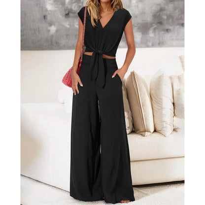 Women’s Two-Piece Set – V-Neck Tie Front Crop Top – High-Waist Wide-Leg Trousers