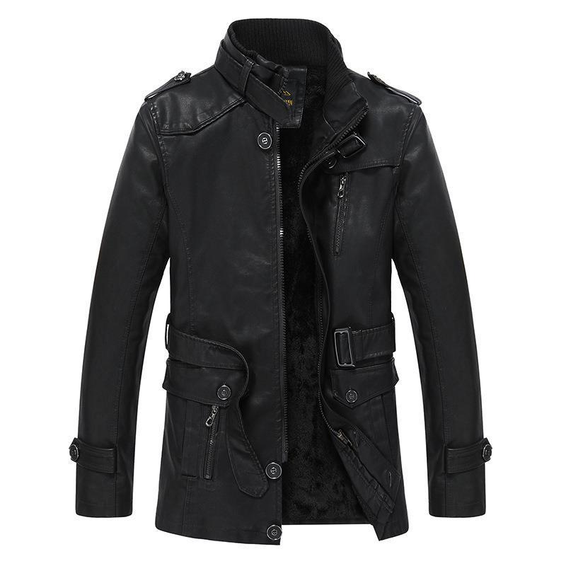 Men's Faux Leather Jacket - Biker Style - High Collar - Zip Closure - Multiple Pockets