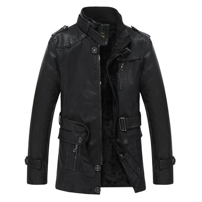 Men's Faux Leather Jacket - Biker Style - High Collar - Zip Closure - Multiple Pockets