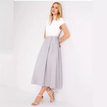 Women’s Midi Dress – V-Neck – A-Line Fit – Pleated Skirt – Short Sleeve – Waist Detail