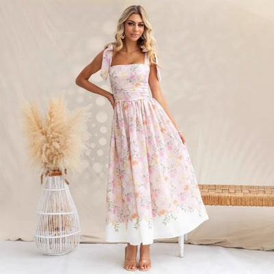 Women’s Midi Dress – Fit and Flare – Floral Print – Spaghetti Straps – Square Neckline