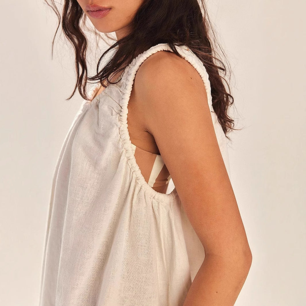 Women’s Sleeveless Dress – Loose Fit – Above Knee – Gathered Neckline