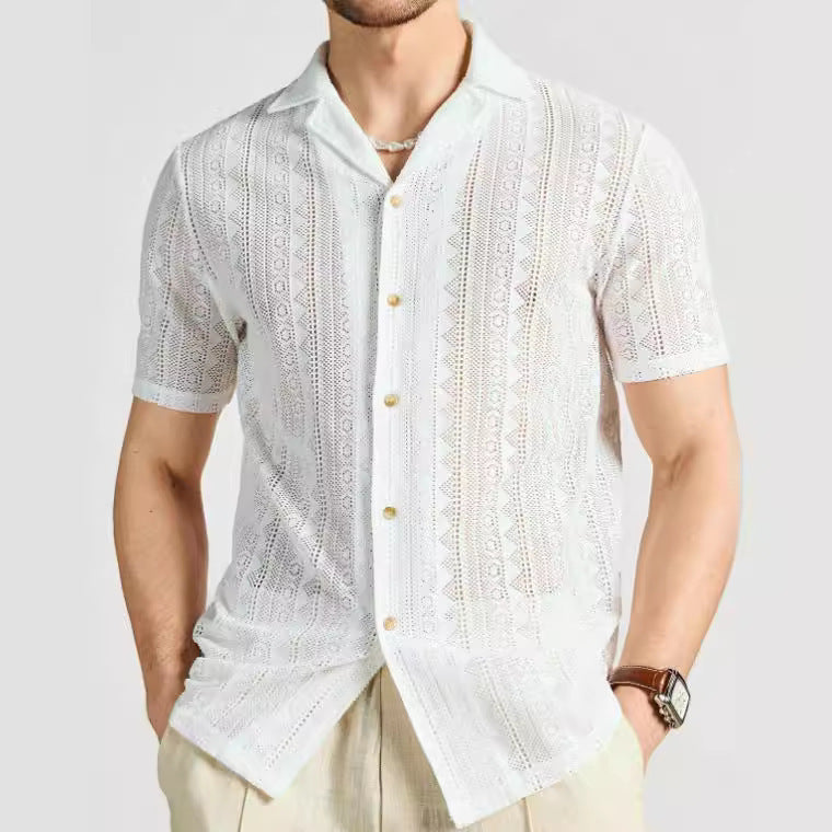 Men’s Short-Sleeved Shirt – Relaxed Fit – Lightweight Knit – Lace Openwork Button Down