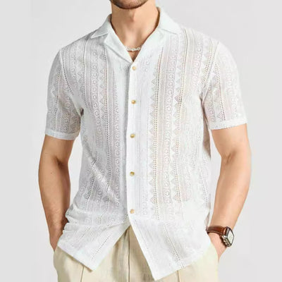 Men’s Short-Sleeved Shirt – Relaxed Fit – Lightweight Knit – Lace Openwork Button Down