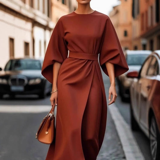 Women’s Long Dress – Satin Feel – Batwing Sleeves – Draped Fit – Waist Belt