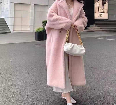 Women’s Teddy Coat – Oversized Fit – Faux Shearling – Double-Breasted – Long Length