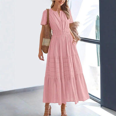 Women’s Maxi Dress – V-Neck – Puff Sleeve – Ruched Waist – Tiered A-Line Fit
