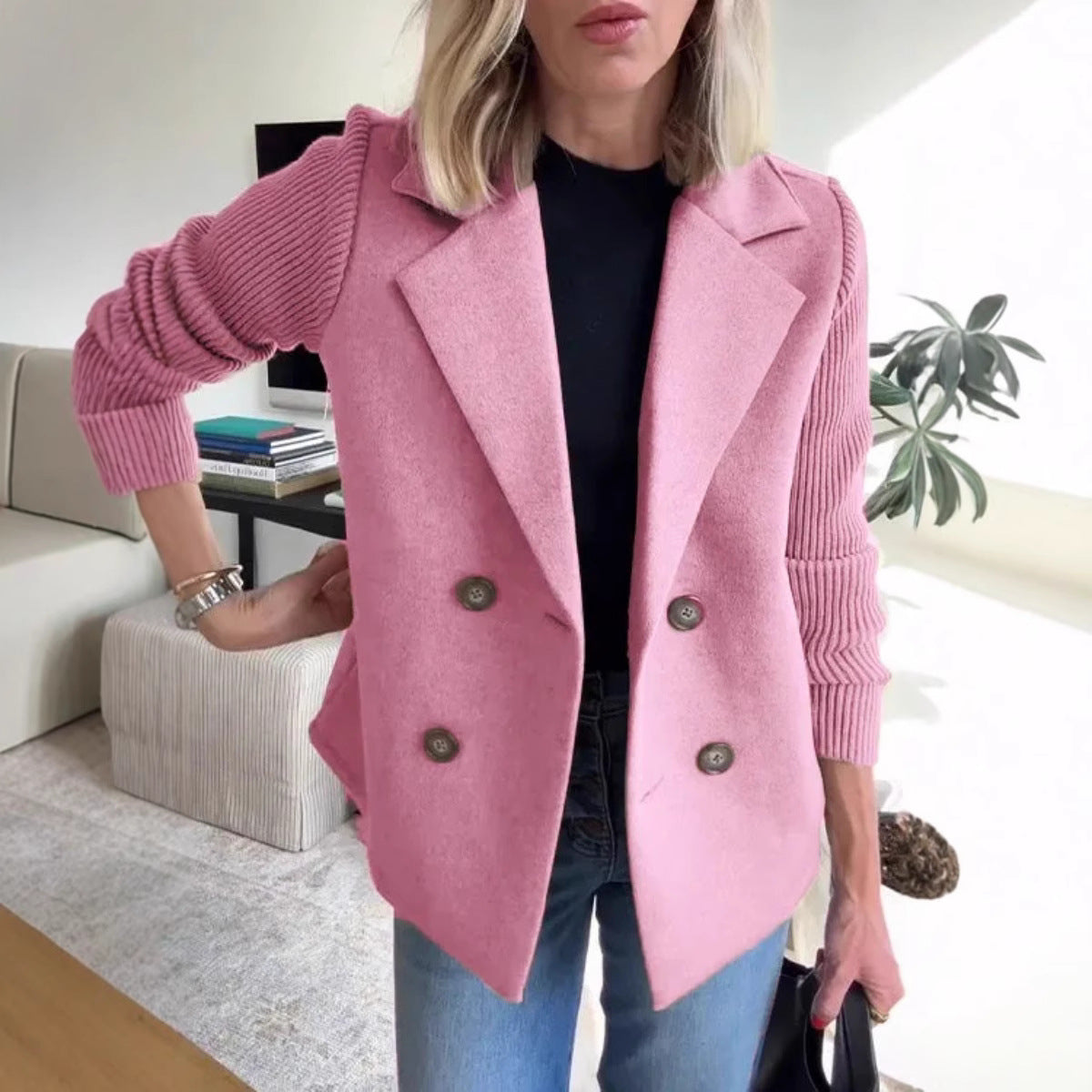 Women’s Blazer – Oversized Fit – Double-Breasted – Soft Knit – Ribbed Sleeves
