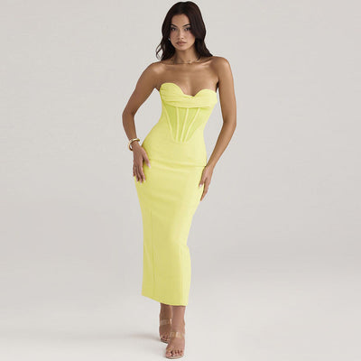 Women’s Strapless Bodycon Dress – Boned Bodice – Slim Fit Midi – Back Slit Elegant Wear