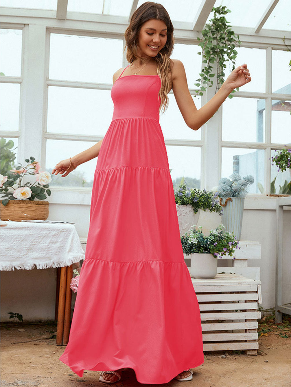 Women’s Evening Gown – Satin Feel – Backless – Tiered Skirt – Spaghetti Straps – Formal Fit