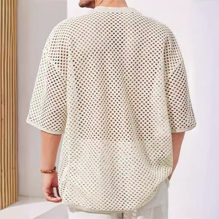 Men’s Mesh T-Shirt – Relaxed Fit – Sheer Mid Sleeve – Lace-Up Chest – Breathable
