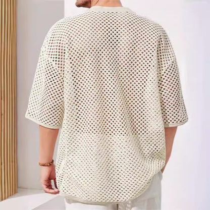 Men’s Mesh T-Shirt – Relaxed Fit – Sheer Mid Sleeve – Lace-Up Chest – Breathable