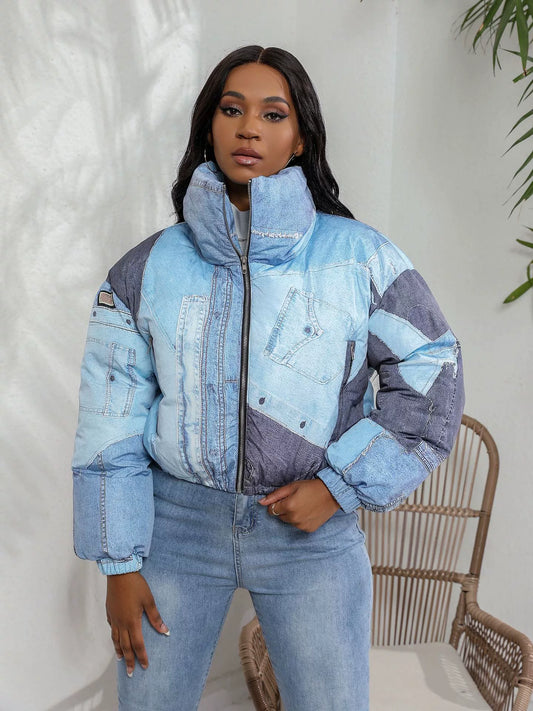 Women’s Jacket – Oversized Puffy Fit – Denim Look – Patchwork Design – Zip Front