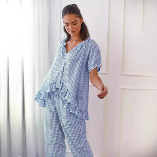 Women’s Matching Shirt and Pant Set – Lightweight Cotton – Relaxed Fit – Ruffle Trim