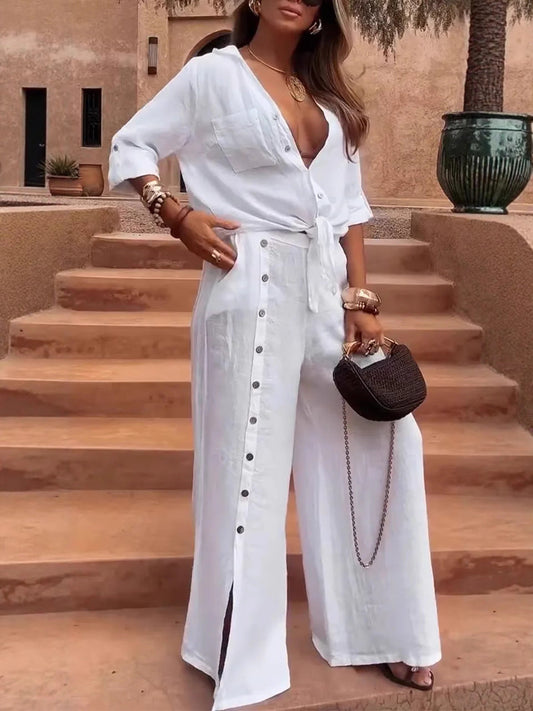 Women’s Trousers Set – High Waist – Wide-Leg – Long Sleeve – Cotton Linen – Relaxed Fit – Button Detail