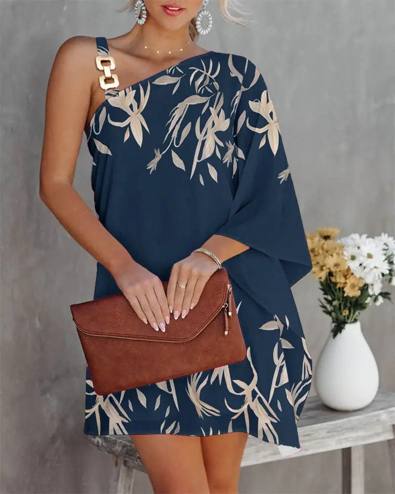 Women’s Off-Shoulder Dress – Relaxed Fit – Batwing Sleeves – Metal Strap – Knee Length