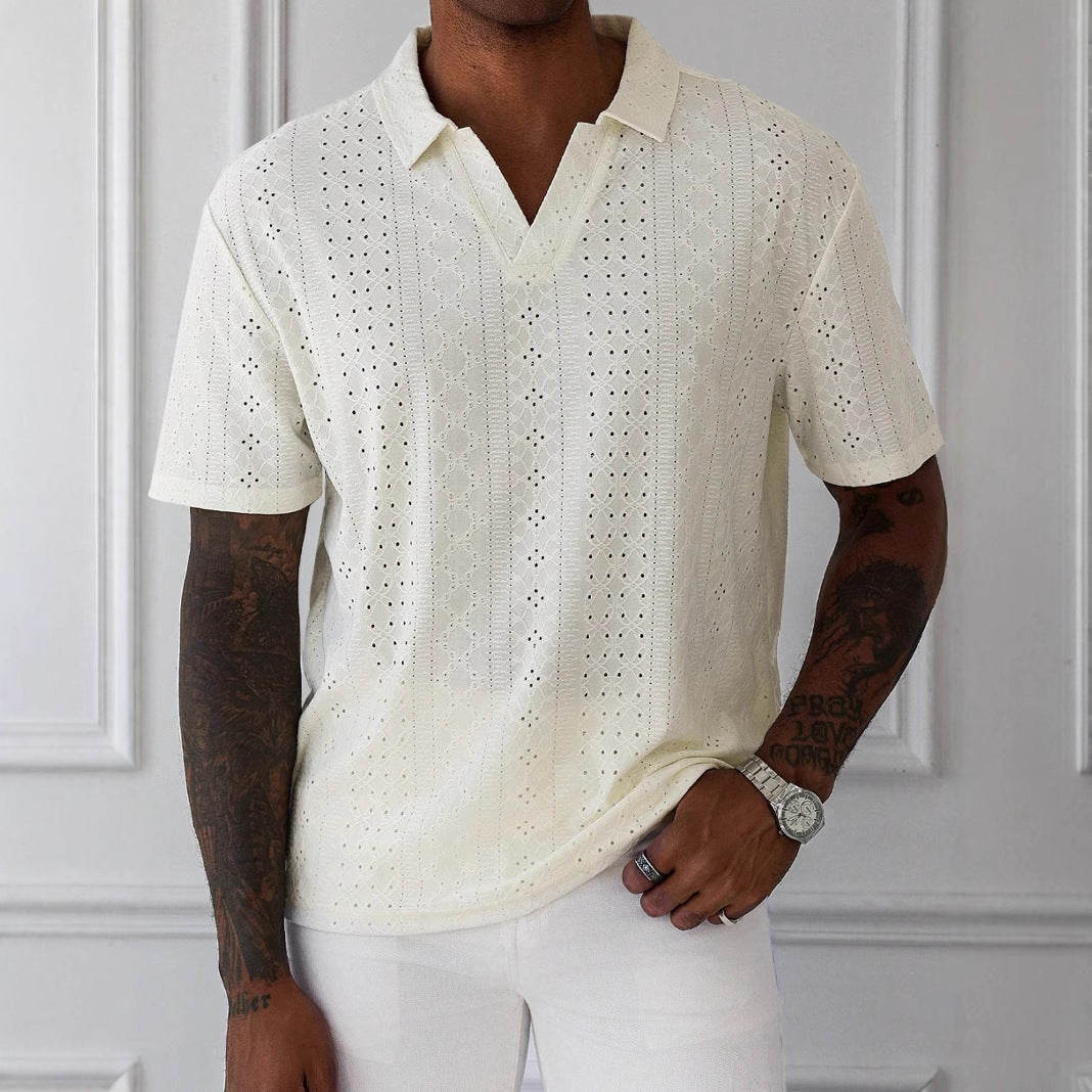 Men’s Knit T-Shirt – Relaxed Fit – Jacquard Lace – V-Neck – Short Sleeve Breathable