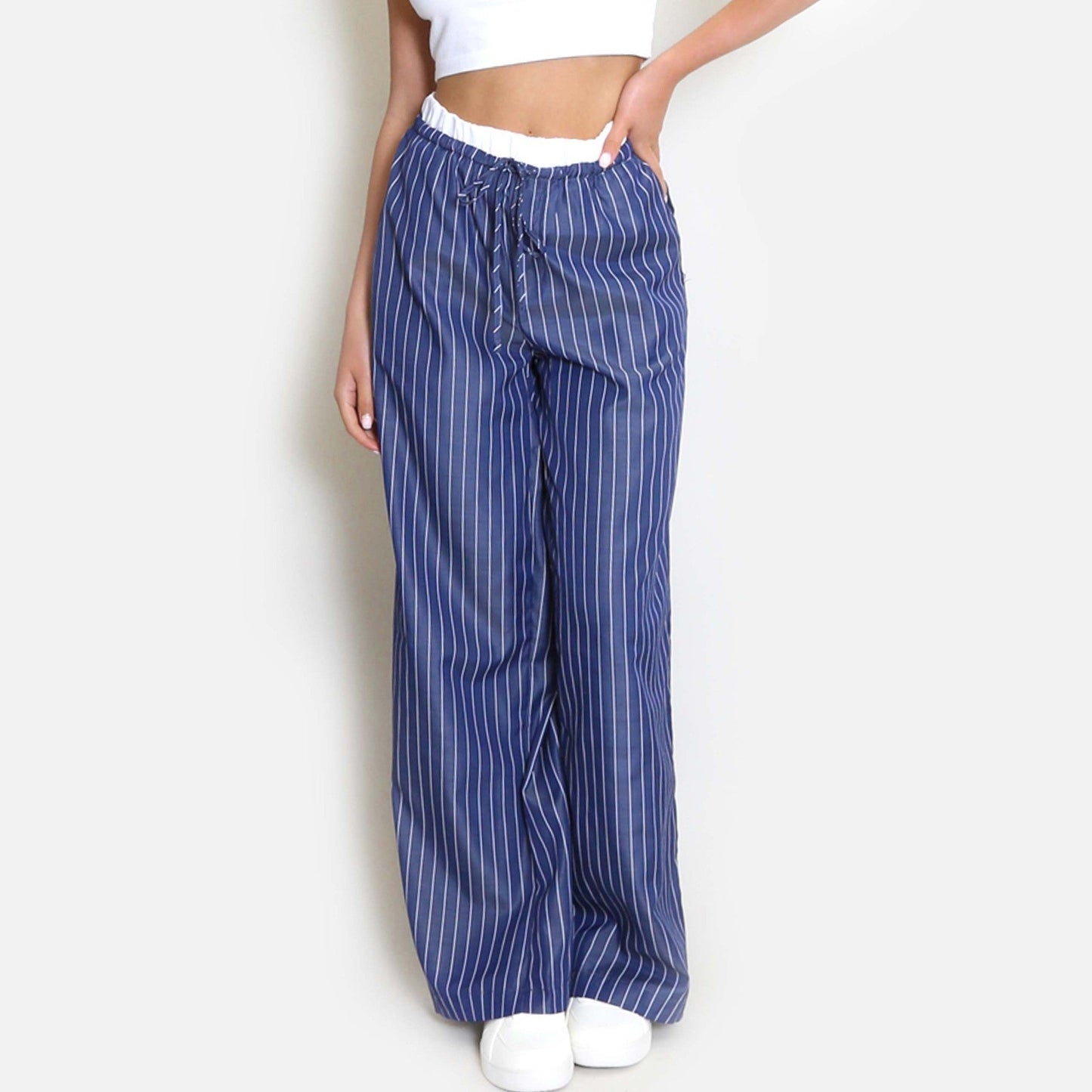 Women’s Wide-Leg Pants – Cotton Blend – Relaxed Fit – Drawstring Waist – Striped Pattern
