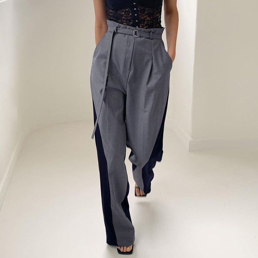Women’s Wide-Leg Trousers – High Waist – Belted Ring Waistband – Colour Block Panel