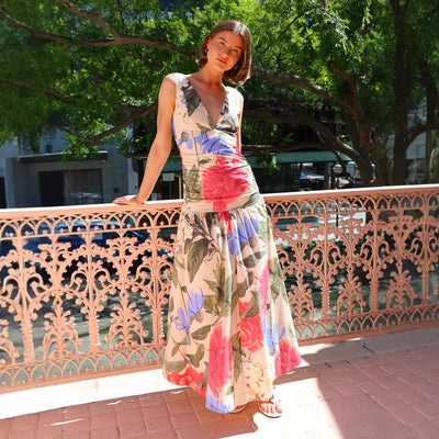 Women’s Maxi Dress – Slim Fit Bodice – Deep V-Neck – Spaghetti Straps – Floral Print