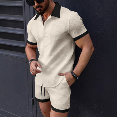 Men’s Shirt and Shorts Set – Jacquard – Relaxed Fit – Lapel Collar – Drawstring Waist