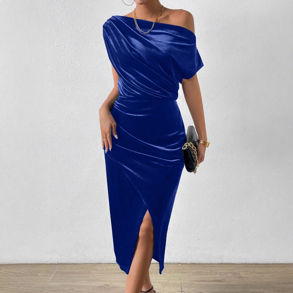 Women’s One-Shoulder Midi Dress – Velvet Ruched Fit – Front Slit Evening Wear