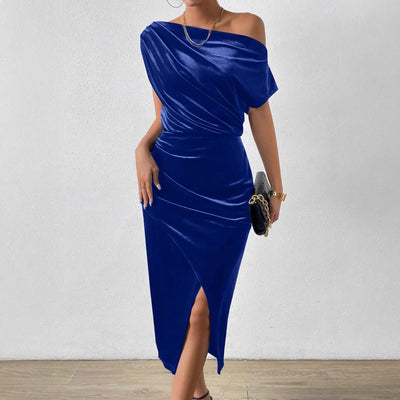 Women’s One-Shoulder Midi Dress – Velvet Ruched Fit – Front Slit Evening Wear
