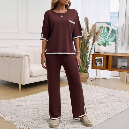 Women’s Lounge Set – Soft Knit – Relaxed Fit – Wide-Leg Pants – Contrast Trim