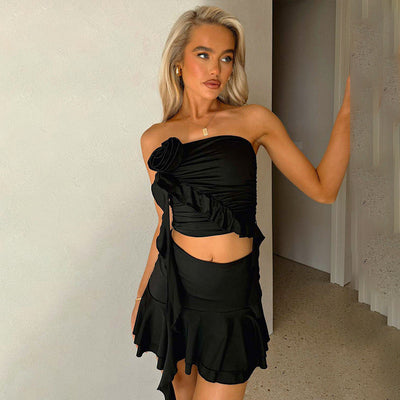 Women’s Two-Piece Set – Strapless Ruffle Bandeau Top – High Waist Bodycon Mini Skirt