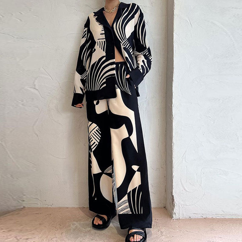 Women’s Matching Set – Long Sleeve Button-Up Top – Wide-Leg High-Waist Trousers