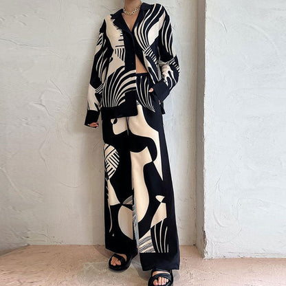 Women’s Matching Set – Long Sleeve Button-Up Top – Wide-Leg High-Waist Trousers