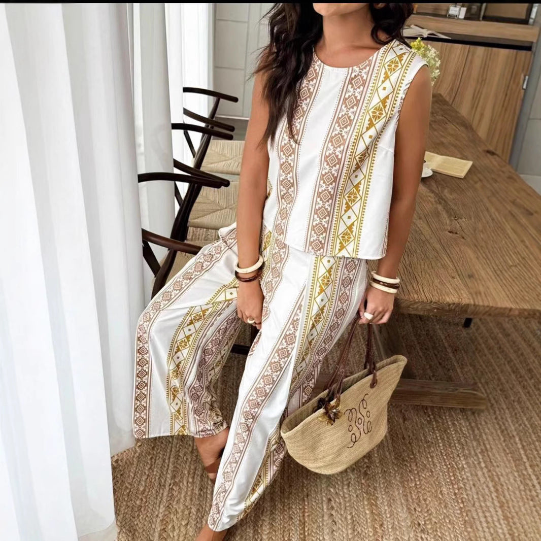 Women’s Sleeveless Top and Wide-Leg Pants Set – Cotton Linen Blend – Relaxed Fit – Geometric Print