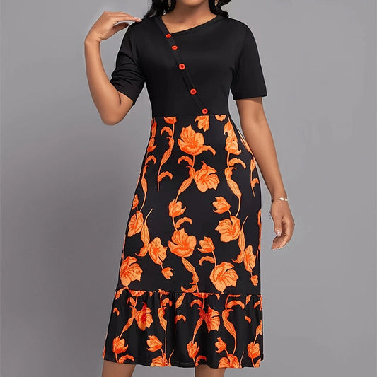 Women’s Midi Dress – Flared Skirt – Floral Print – Button Detail – Short Sleeve