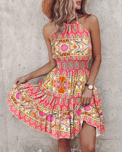 Women’s Halter Neck Midi Dress – Flowy Fit – Cotton Blend – Elastic Waist – Printed