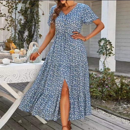 Women’s Maxi Dress – V-Neck Button Front – Floral Print – Short Sleeve