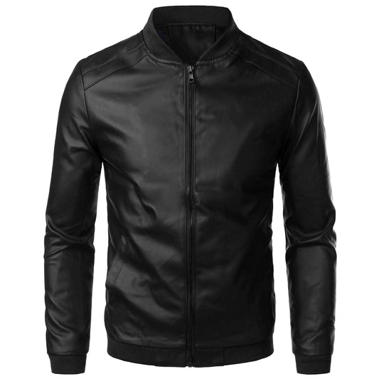 Men’s Leather Jacket – Slim Fit – Stand Collar – Zipper Front – Ribbed Cuffs
