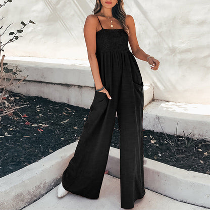 Women’s Jumpsuit – Relaxed Fit – Wide Leg – Ruched Bodice – Spaghetti Straps – Breathable Fabric