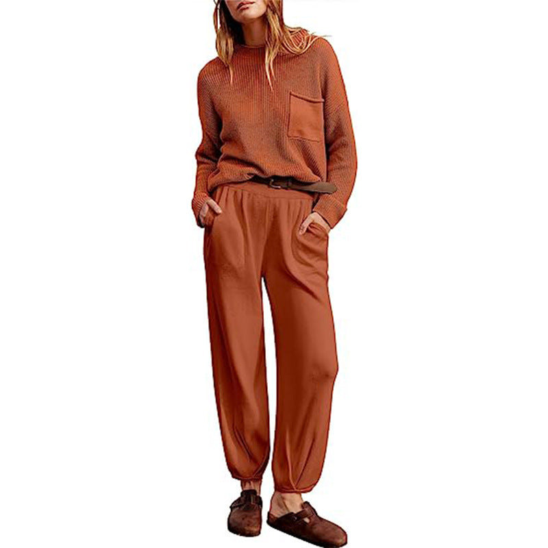 Women’s Two-Piece Set – Knitted Long Sleeve Top – Elastic Waist Jogger Trousers – Relaxed Fit
