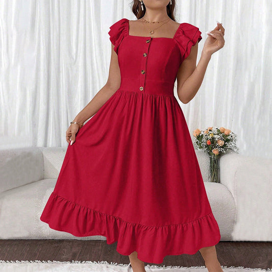 Women’s Midi Dress – Flared Fit – Ruffle Sleeves – Button Front – Square Neckline – Cotton Feel