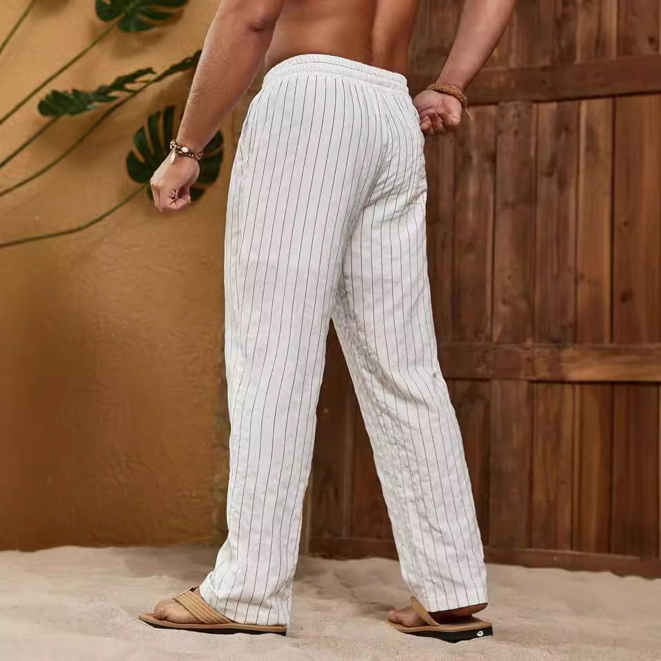 Men’s Trousers – Cotton Linen Blend – Relaxed Fit – Straight Leg – Drawstring Waist