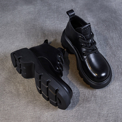Women’s Ankle Boots – Genuine Leather – High-Top – Chunky Sole – Lace-Up Closure