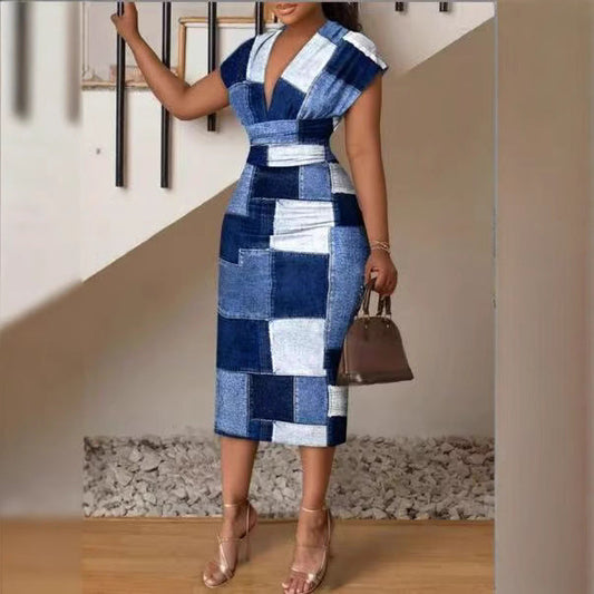 Women’s Midi Dress – Bodycon Slim Fit – V-Neck Patchwork Denim Look – Cap Sleeve
