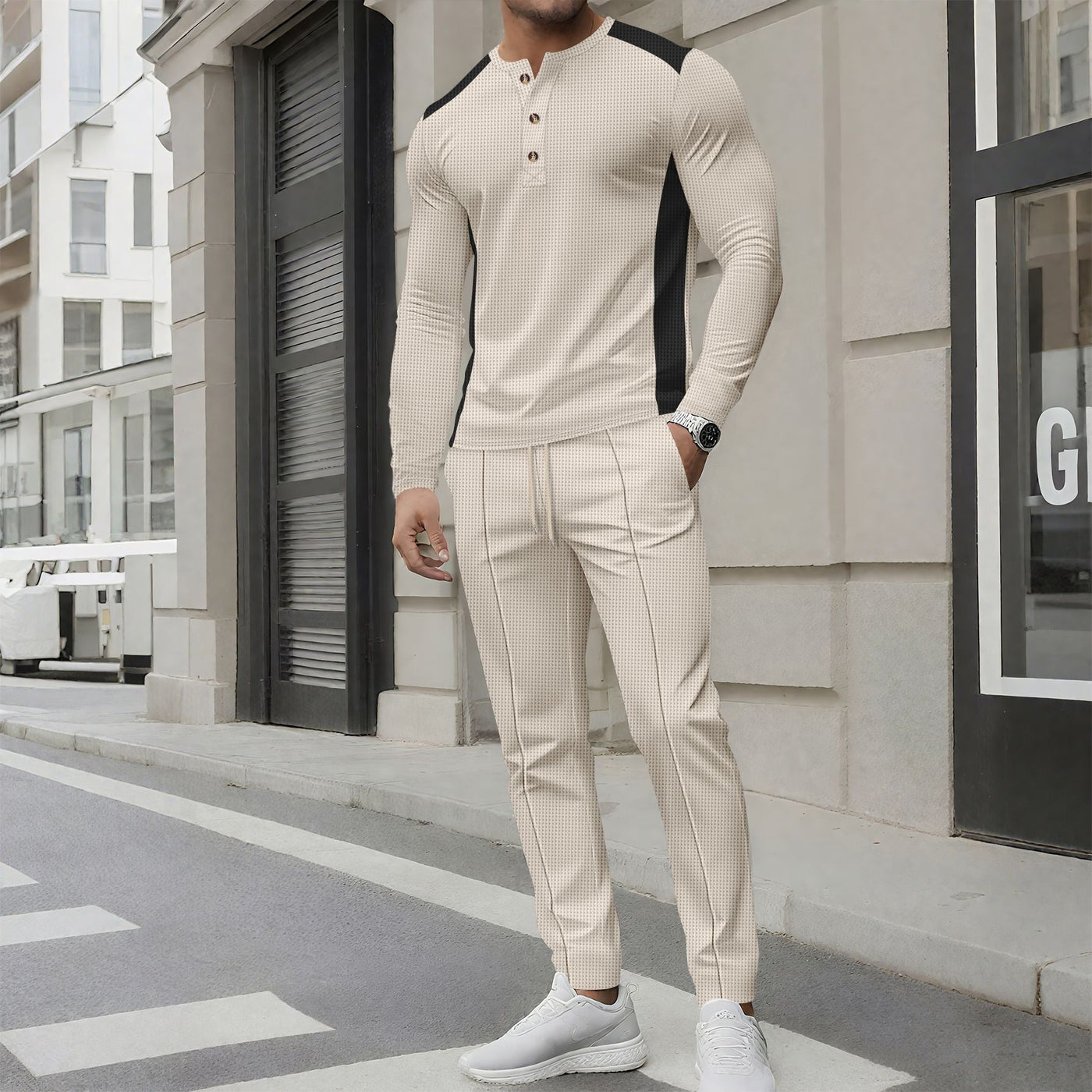 Men’s Tracksuit Set – Slim Fit – Long Sleeve Henley Top – Tapered Jogger Bottoms