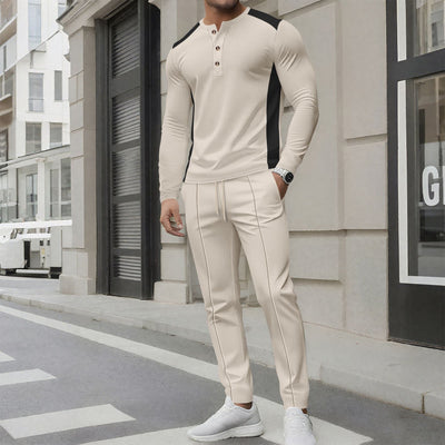 Men’s Tracksuit Set – Slim Fit – Long Sleeve Henley Top – Tapered Jogger Bottoms